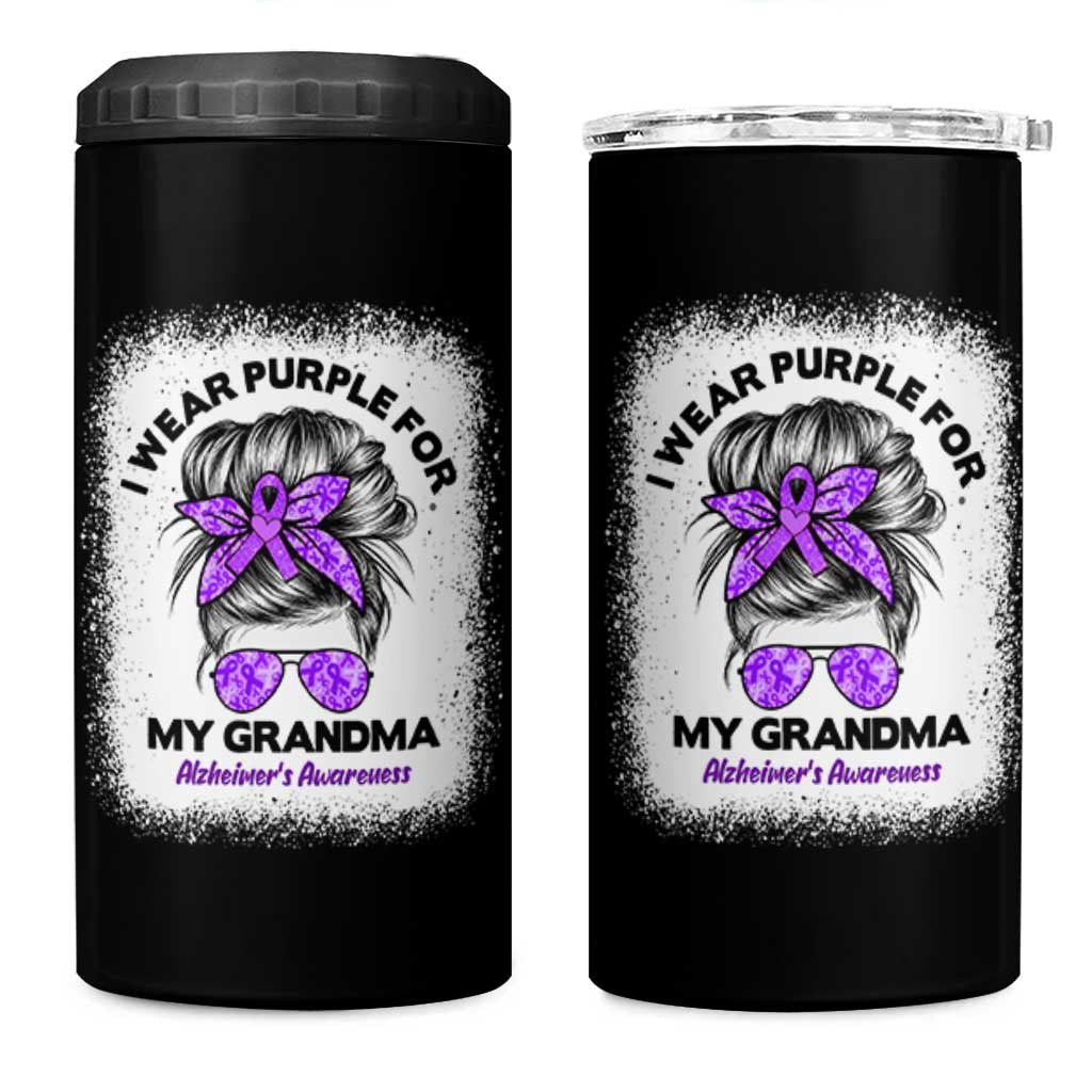 I Wear Purple For My Grandma 4 in 1 Can Cooler Tumbler Alzheimers Awareness Messy Bun Graphic