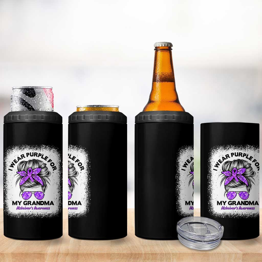 I Wear Purple For My Grandma 4 in 1 Can Cooler Tumbler Alzheimers Awareness Messy Bun Graphic