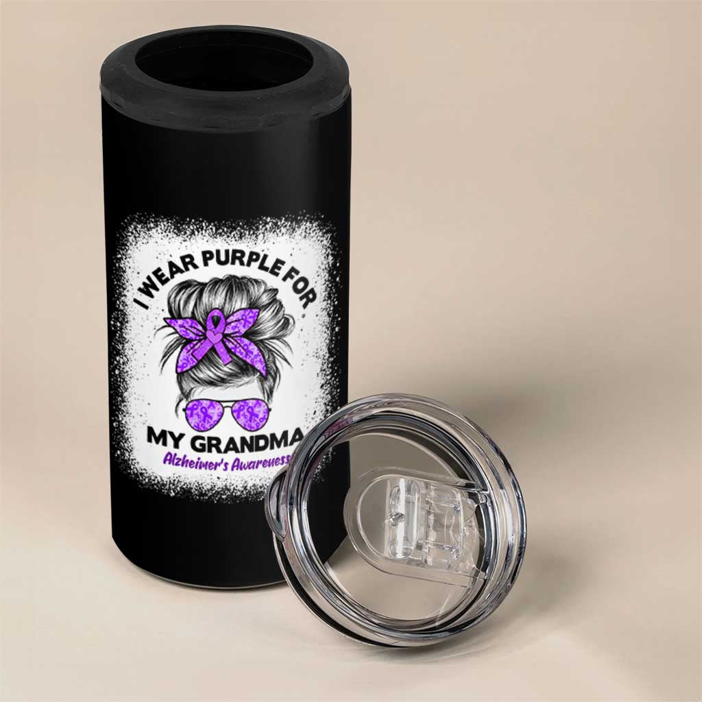 I Wear Purple For My Grandma 4 in 1 Can Cooler Tumbler Alzheimers Awareness Messy Bun Graphic