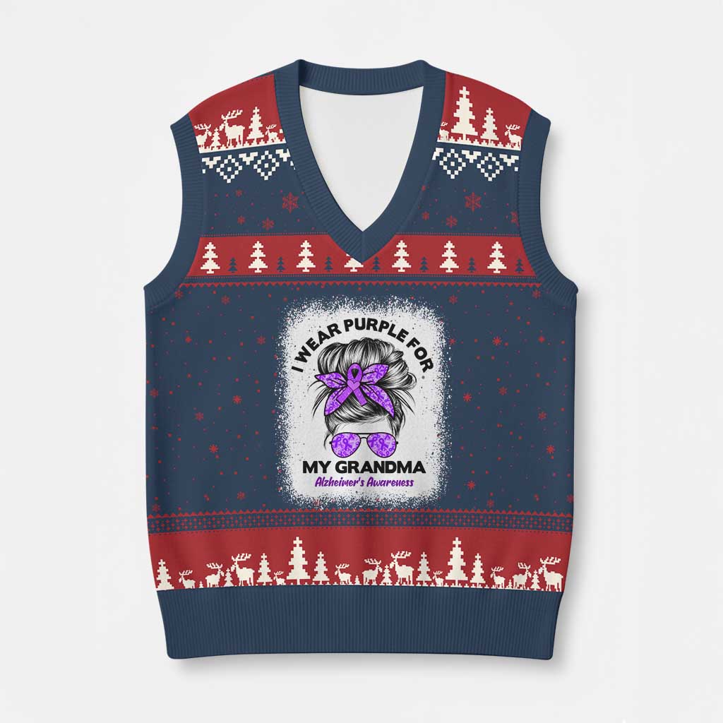 I Wear Purple For My Grandma V-Neck Knit Sweater Vest Alzheimers Awareness Messy Bun Graphic