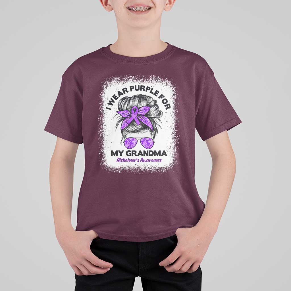 I Wear Purple For My Grandma T Shirt For Kid Alzheimers Awareness Messy Bun Graphic