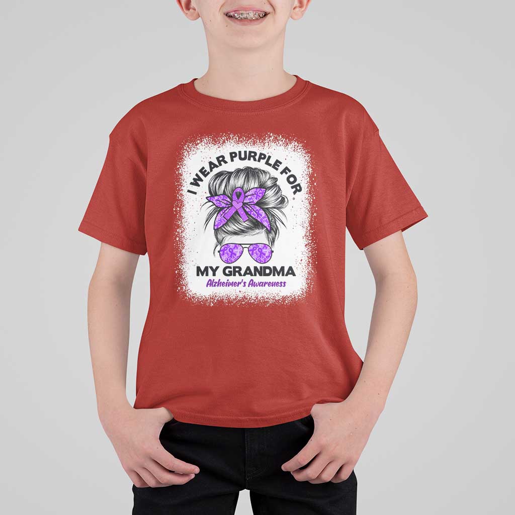 I Wear Purple For My Grandma T Shirt For Kid Alzheimers Awareness Messy Bun Graphic
