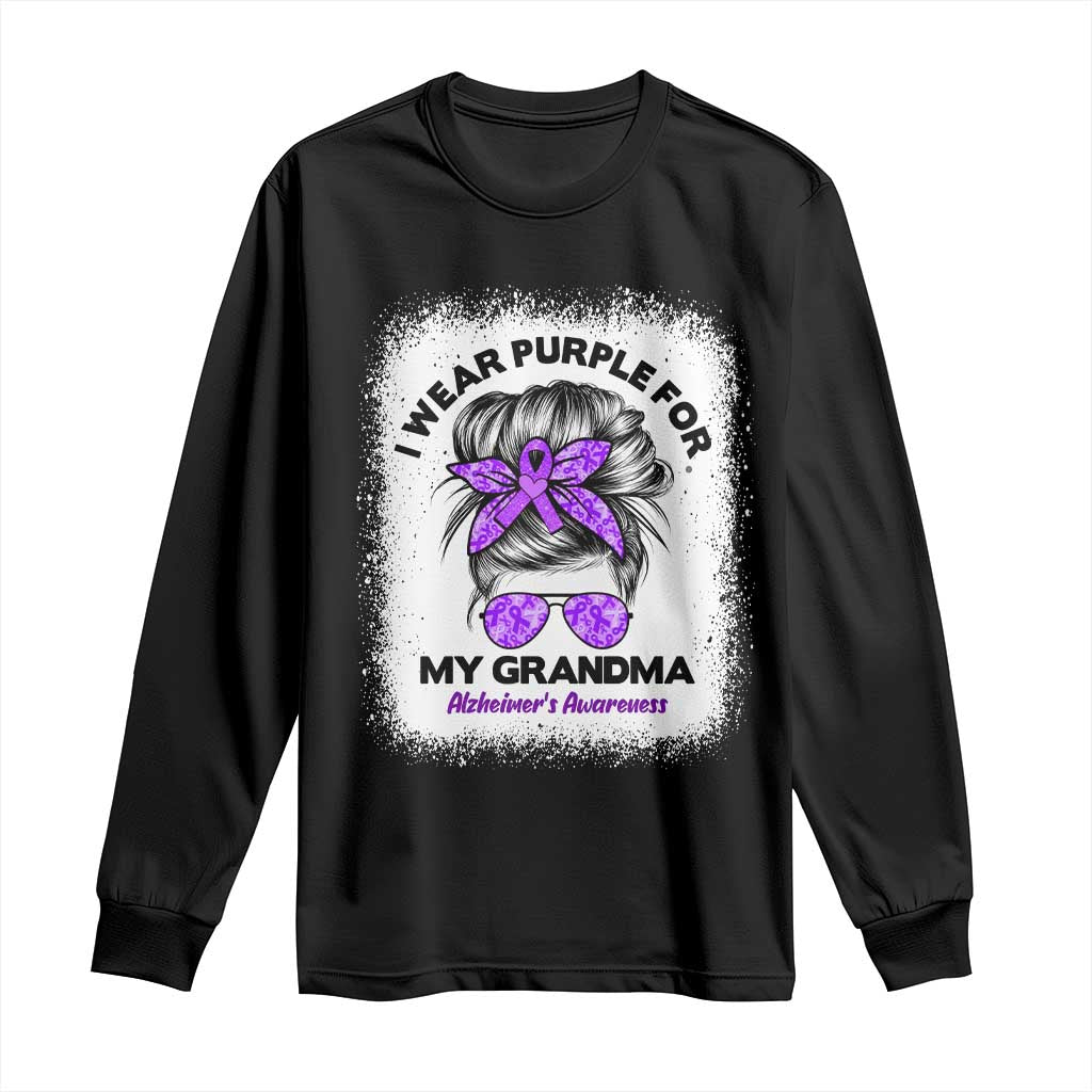 I Wear Purple For My Grandma Long Sleeve Shirt Alzheimers Awareness Messy Bun Graphic