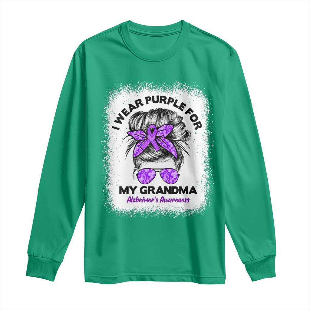 I Wear Purple For My Grandma Long Sleeve Shirt Alzheimers Awareness Messy Bun Graphic