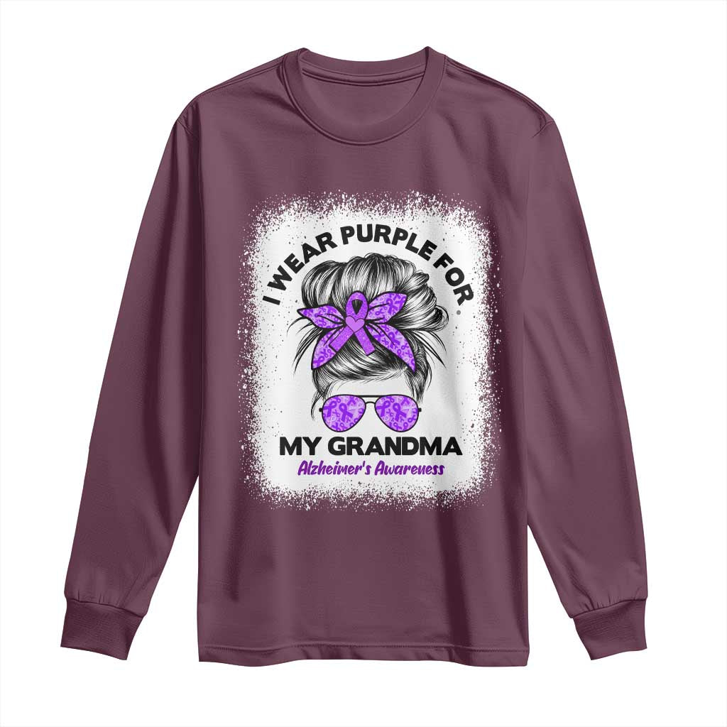 I Wear Purple For My Grandma Long Sleeve Shirt Alzheimers Awareness Messy Bun Graphic