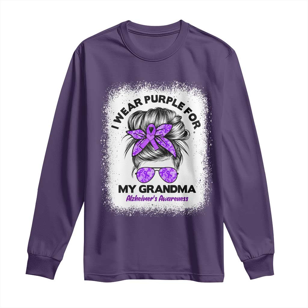 I Wear Purple For My Grandma Long Sleeve Shirt Alzheimers Awareness Messy Bun Graphic
