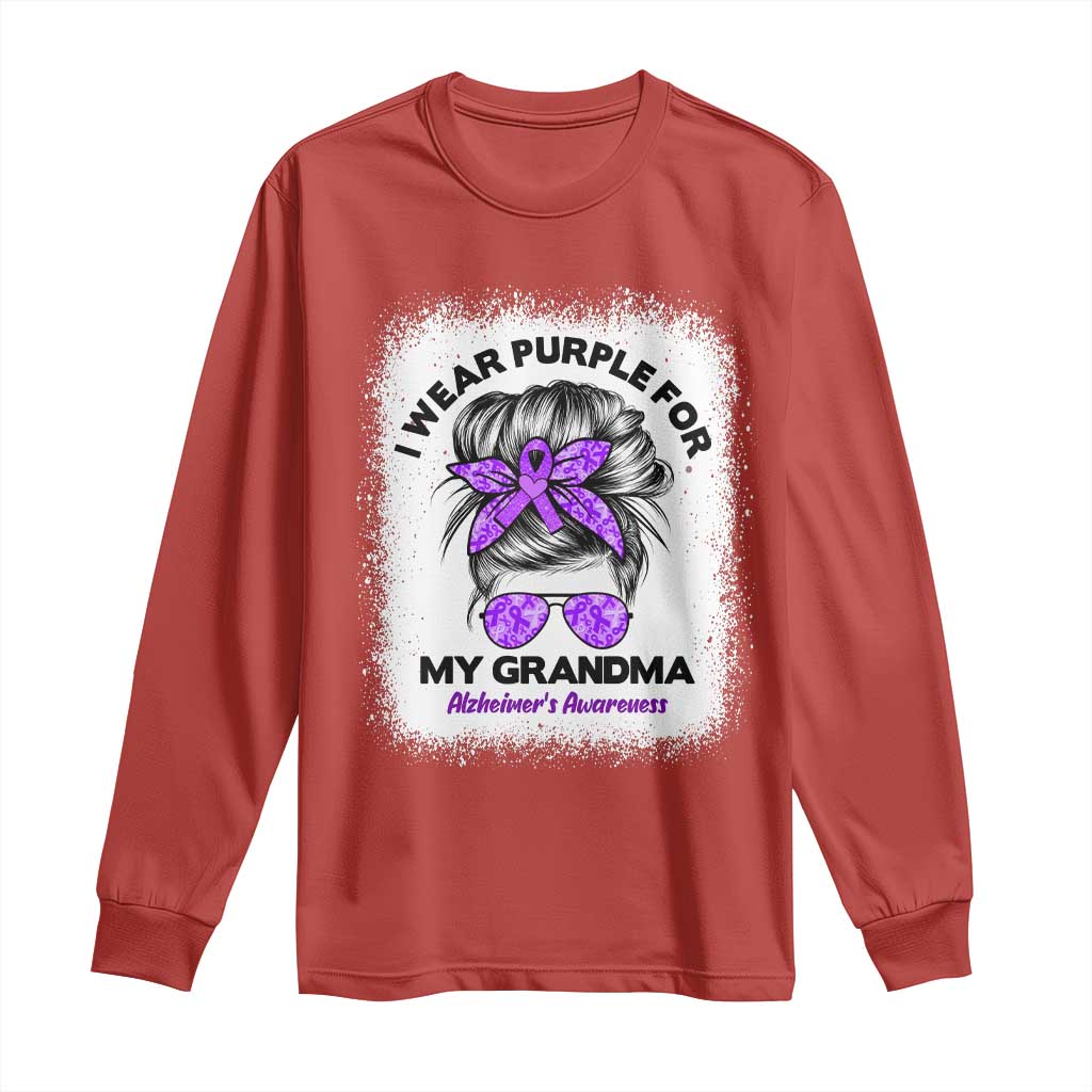 I Wear Purple For My Grandma Long Sleeve Shirt Alzheimers Awareness Messy Bun Graphic