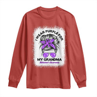 I Wear Purple For My Grandma Long Sleeve Shirt Alzheimers Awareness Messy Bun Graphic