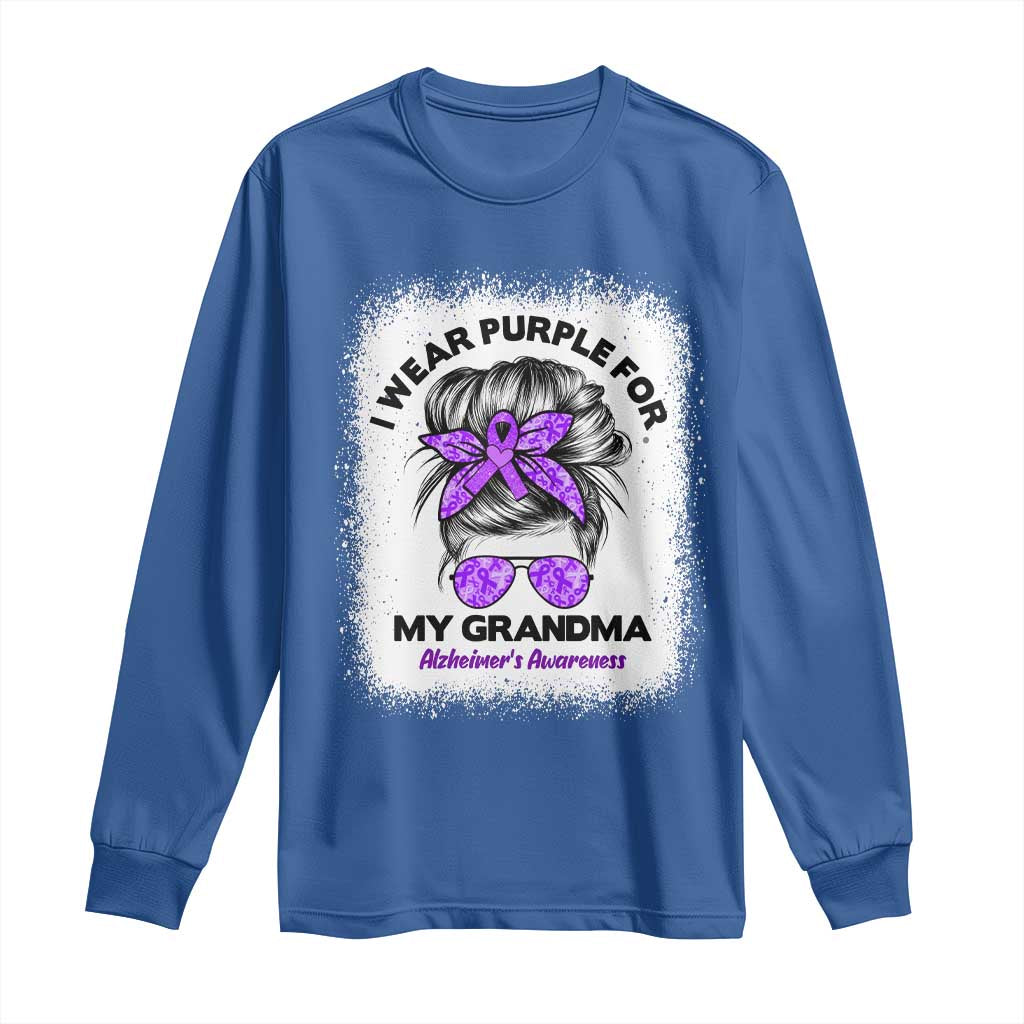 I Wear Purple For My Grandma Long Sleeve Shirt Alzheimers Awareness Messy Bun Graphic