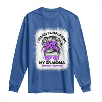 I Wear Purple For My Grandma Long Sleeve Shirt Alzheimers Awareness Messy Bun Graphic