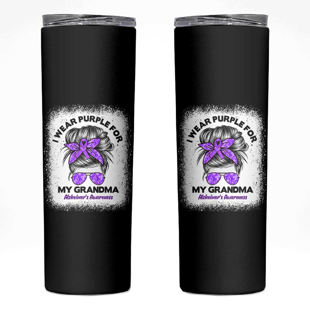 I Wear Purple For My Grandma Skinny Tumbler Alzheimers Awareness Messy Bun Graphic