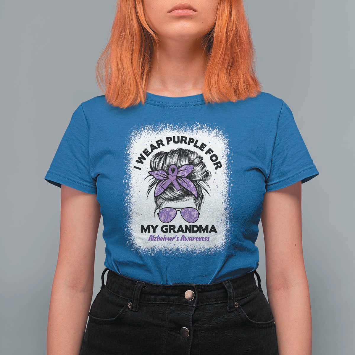 I Wear Purple For My Grandma T Shirt For Women Alzheimers Awareness Messy Bun Graphic