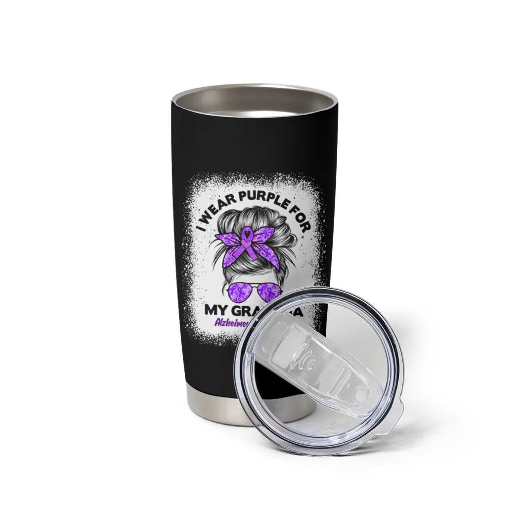 I Wear Purple For My Grandma Tumbler Cup Alzheimers Awareness Messy Bun Graphic