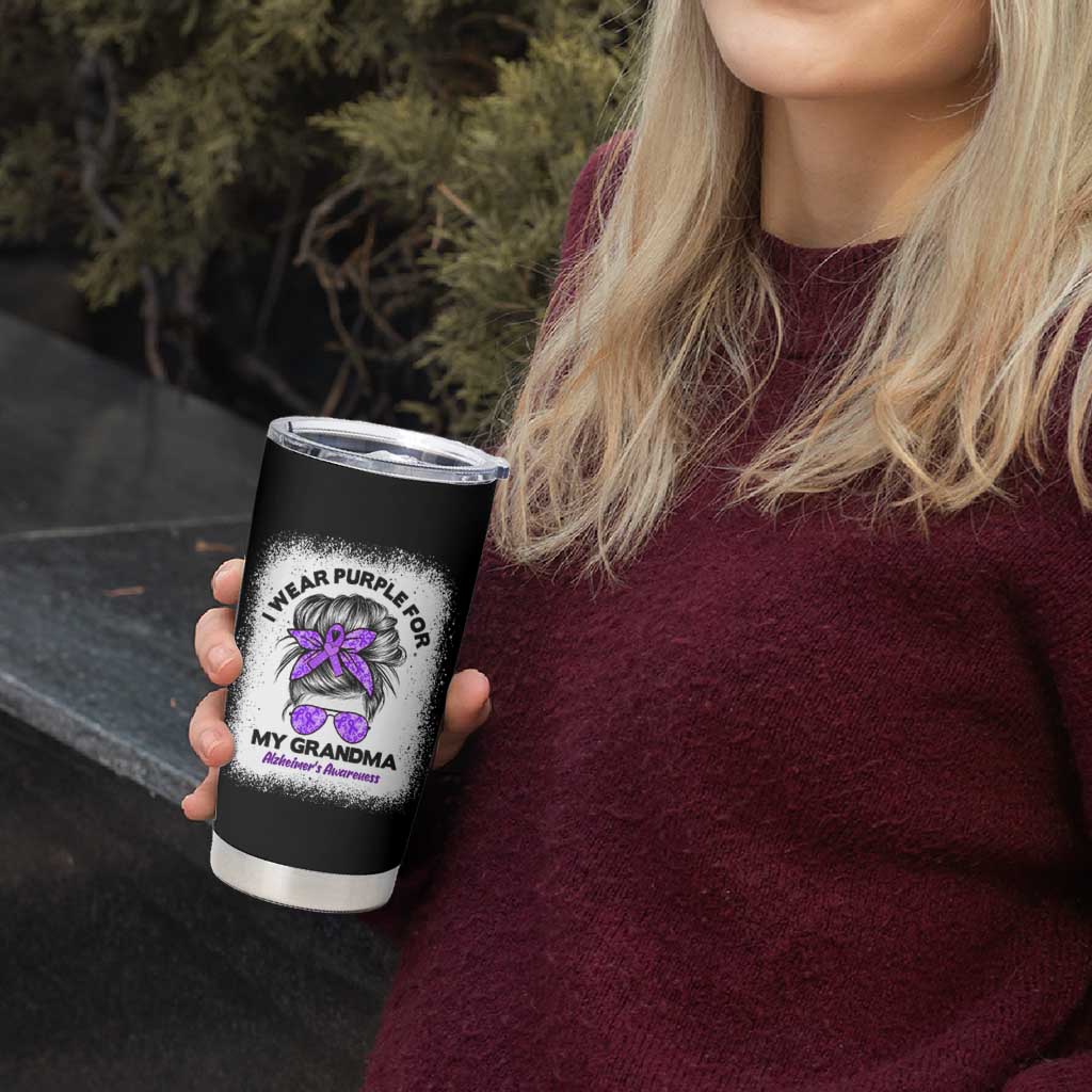 I Wear Purple For My Grandma Tumbler Cup Alzheimers Awareness Messy Bun Graphic