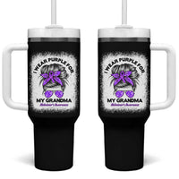 I Wear Purple For My Grandma Tumbler With Handle Alzheimers Awareness Messy Bun Graphic