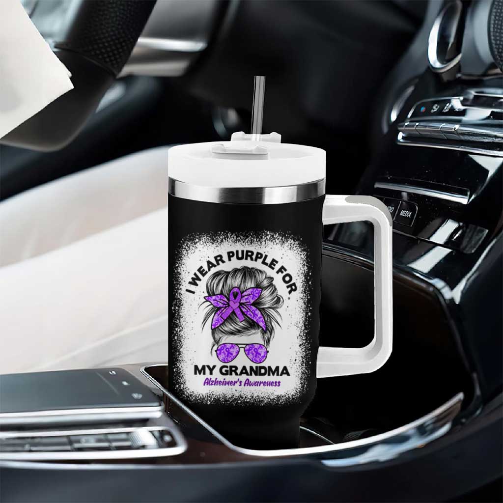 I Wear Purple For My Grandma Tumbler With Handle Alzheimers Awareness Messy Bun Graphic