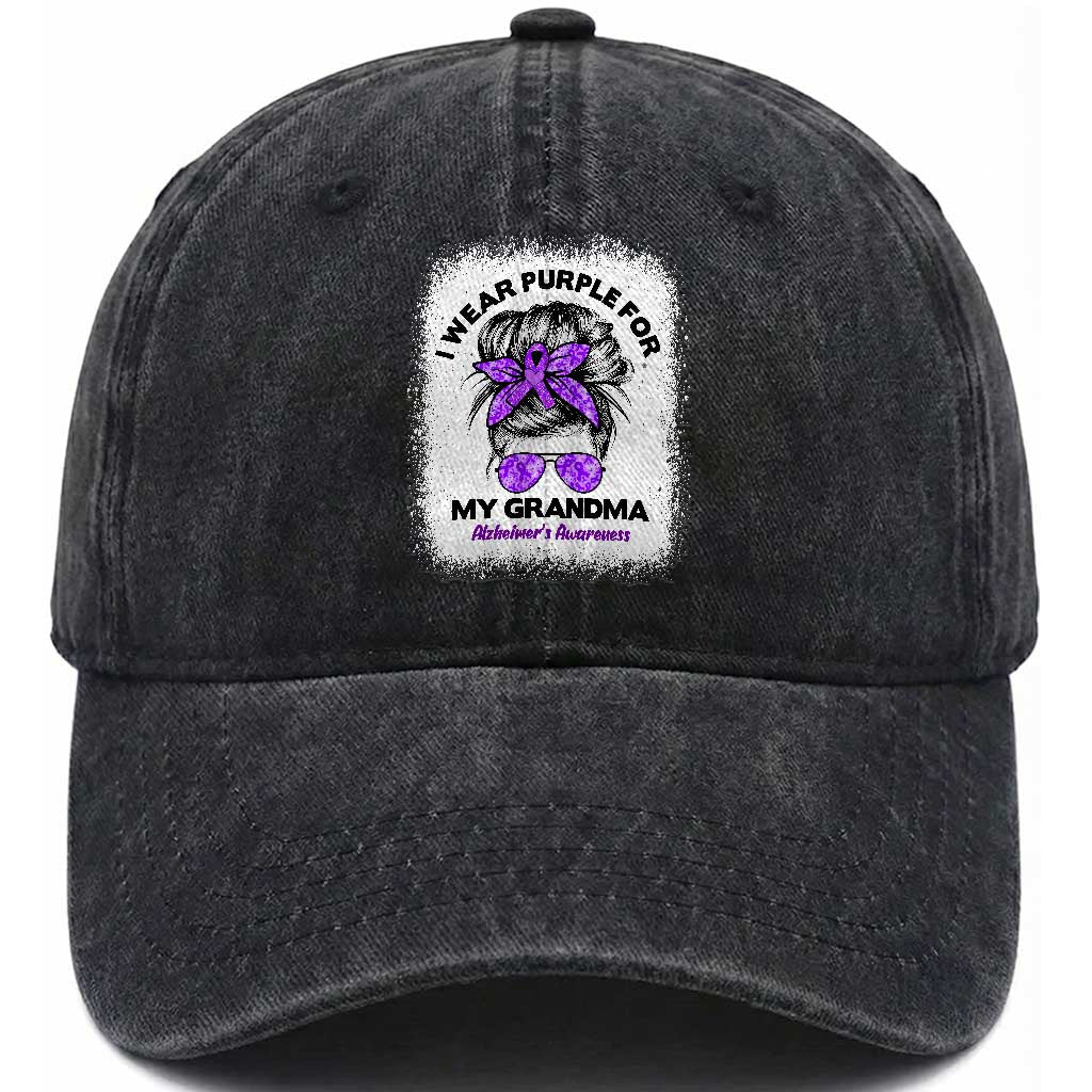I Wear Purple For My Grandma Washed Cotton Baseball Cap Alzheimers Awareness Messy Bun Graphic