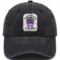 I Wear Purple For My Grandma Washed Cotton Baseball Cap Alzheimers Awareness Messy Bun Graphic