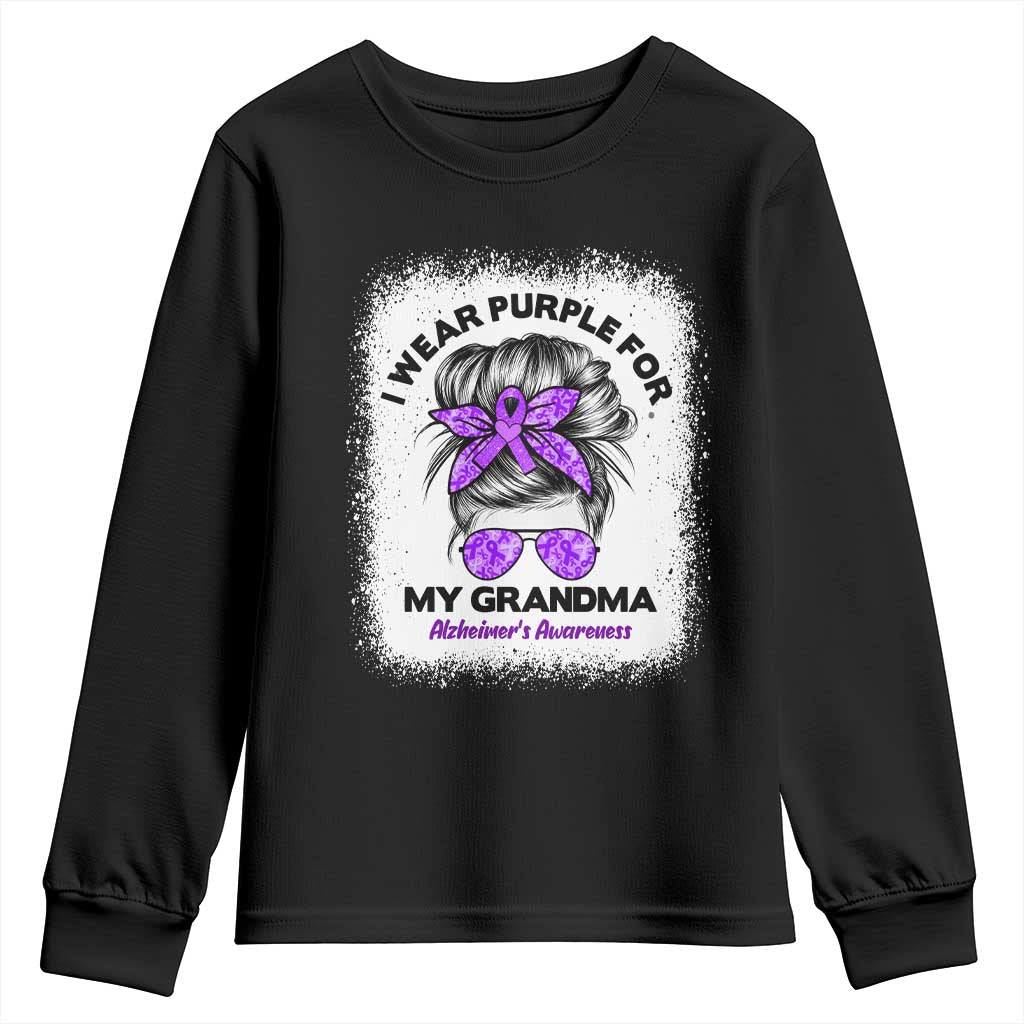 I Wear Purple For My Grandma Youth Sweatshirt Alzheimers Awareness Messy Bun Graphic