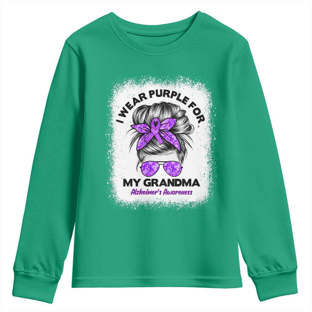 I Wear Purple For My Grandma Youth Sweatshirt Alzheimers Awareness Messy Bun Graphic