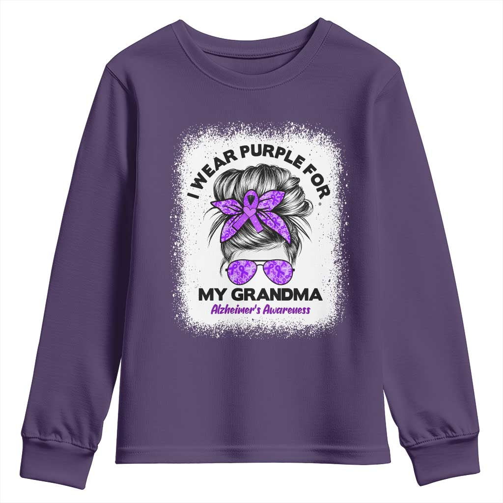 I Wear Purple For My Grandma Youth Sweatshirt Alzheimers Awareness Messy Bun Graphic