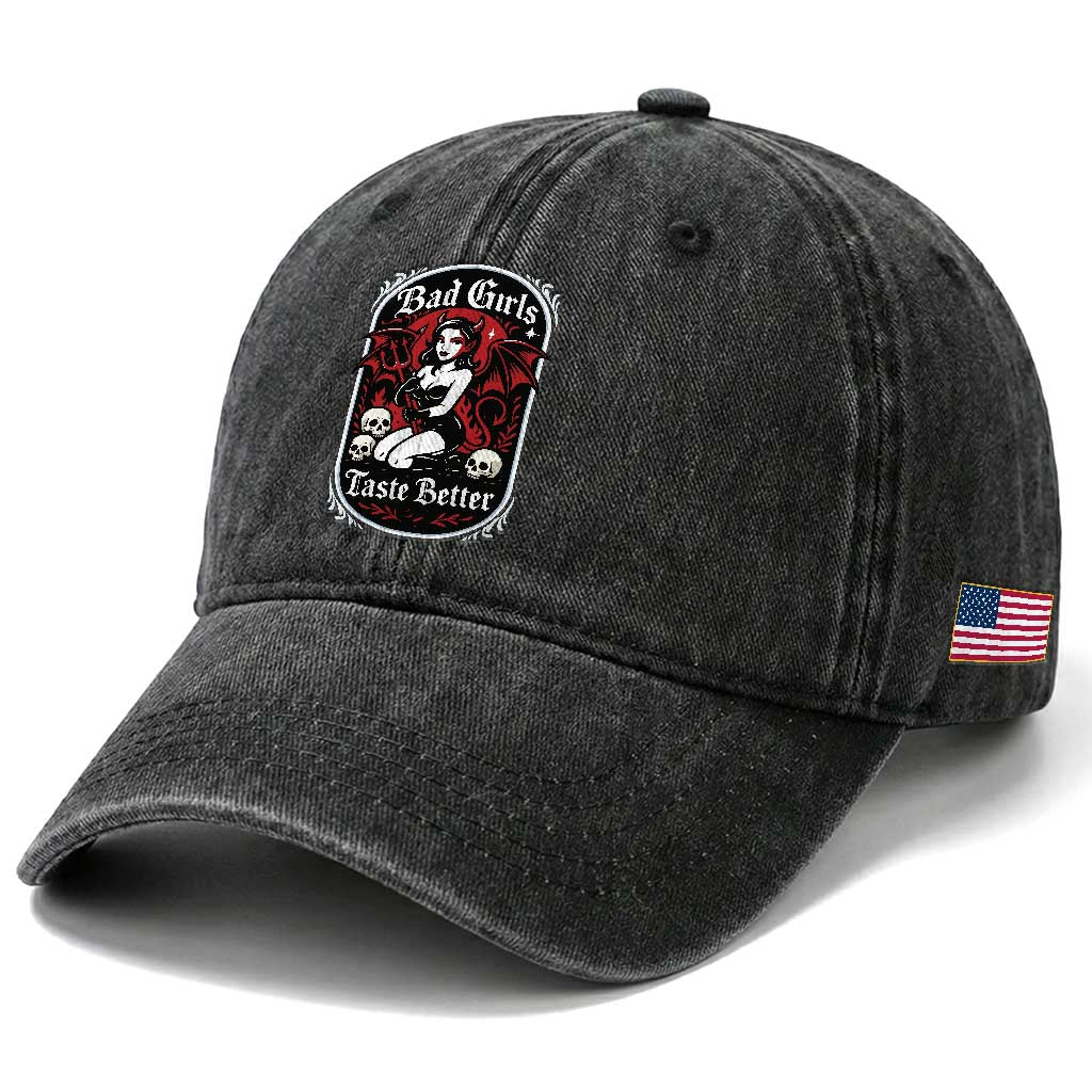 Bad Girls Taste Better Washed Cotton Baseball Cap Adult Humor Devil Girl Gift