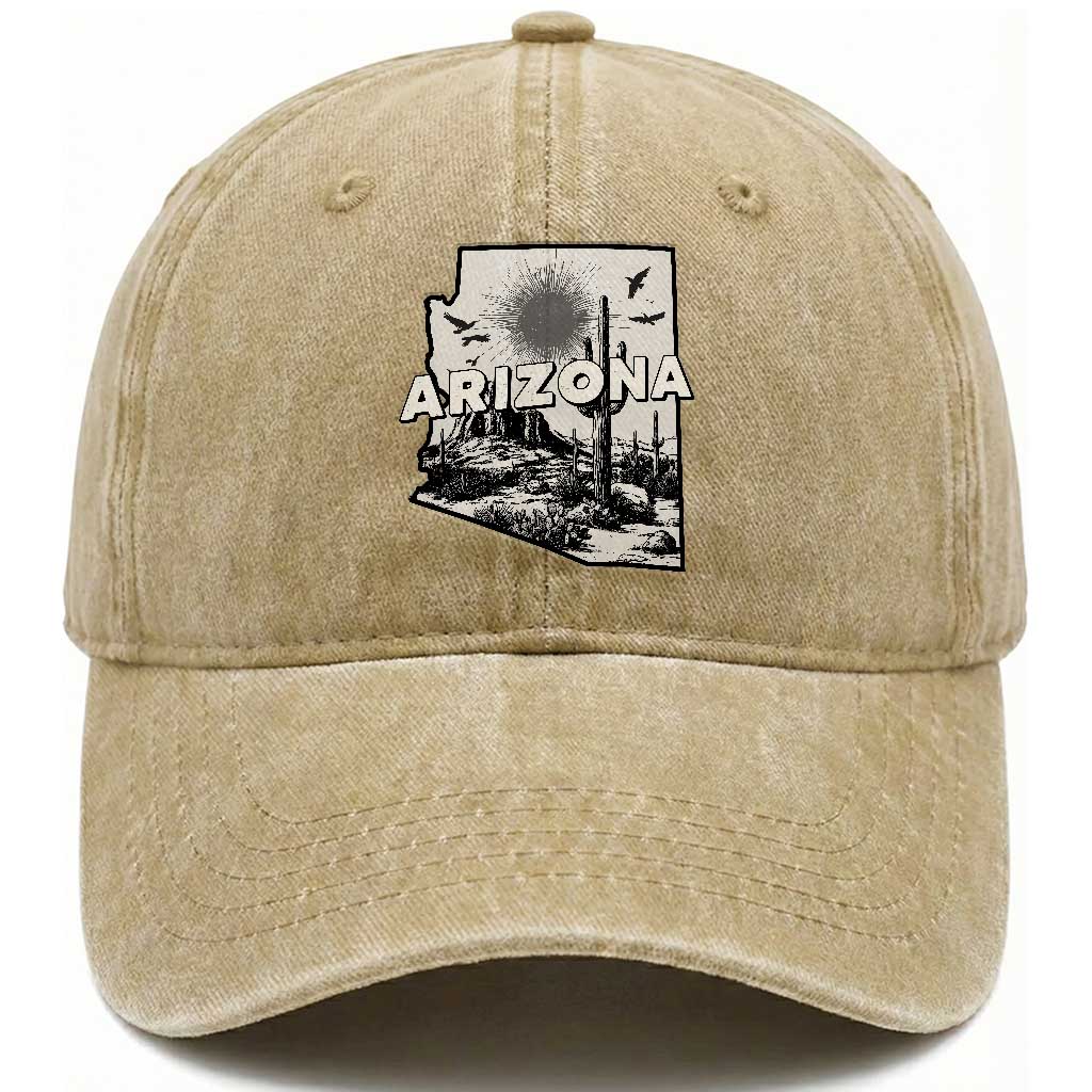 Arizona Cactus Vintage State Map Desert Gift Washed Cotton Baseball Cap