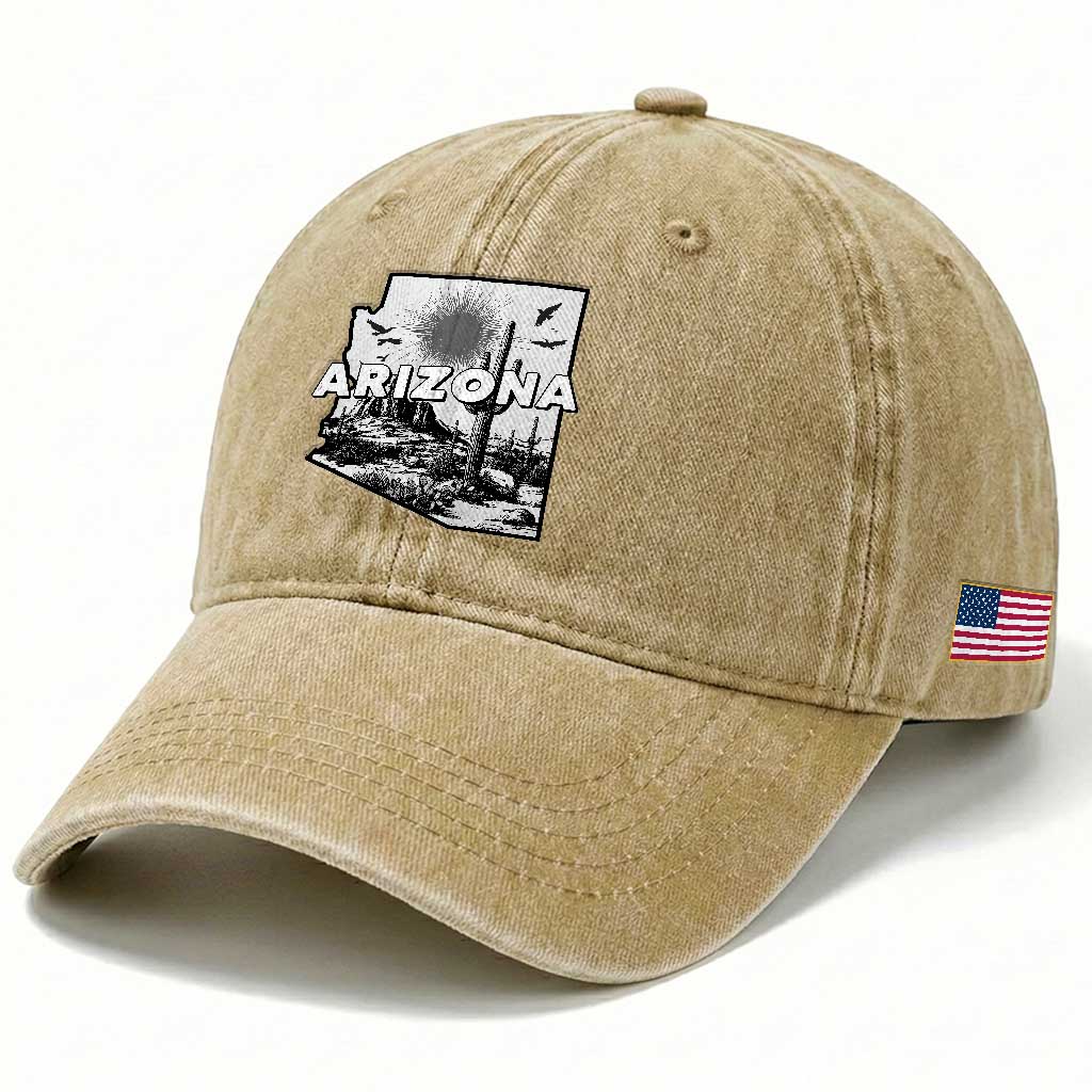 Arizona Cactus Vintage State Map Desert Gift Washed Cotton Baseball Cap