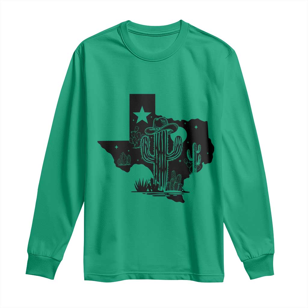 Western Pride Gift Long Sleeve Shirt Cactus Texas Map With Cowboy Hat - Wonder Print Shop
