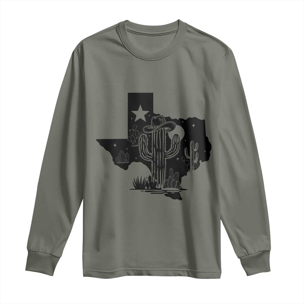 Western Pride Gift Long Sleeve Shirt Cactus Texas Map With Cowboy Hat - Wonder Print Shop