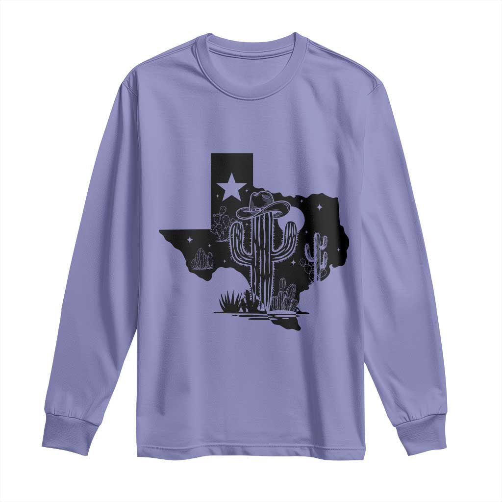 Western Pride Gift Long Sleeve Shirt Cactus Texas Map With Cowboy Hat - Wonder Print Shop