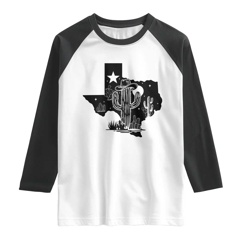 Western Pride Gift Raglan Shirt Cactus Texas Map With Cowboy Hat - Wonder Print Shop