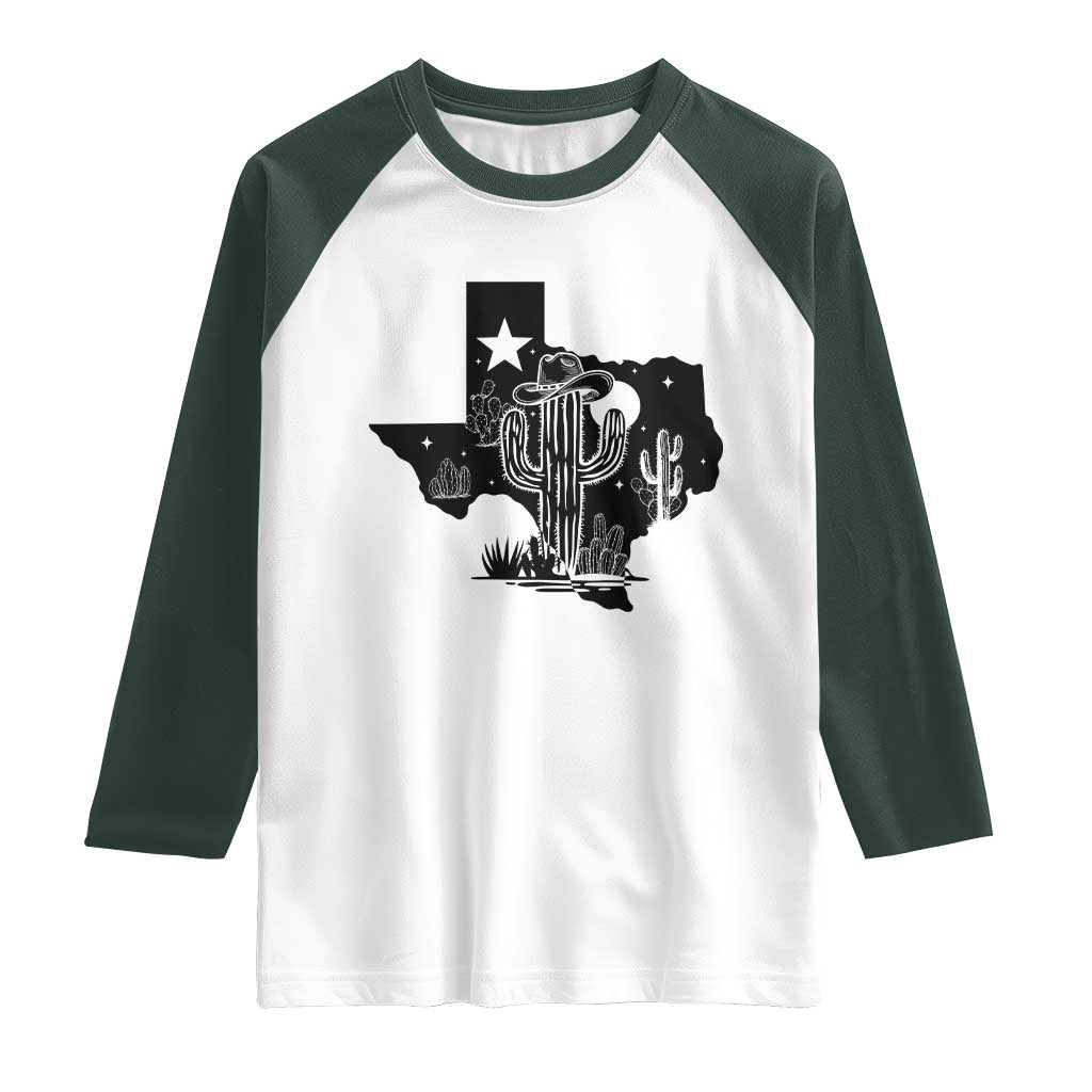 Western Pride Gift Raglan Shirt Cactus Texas Map With Cowboy Hat - Wonder Print Shop