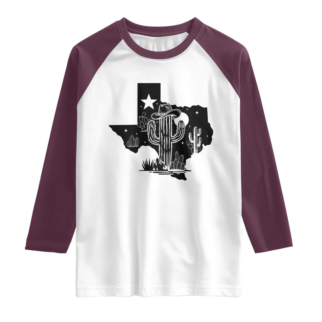 Western Pride Gift Raglan Shirt Cactus Texas Map With Cowboy Hat - Wonder Print Shop