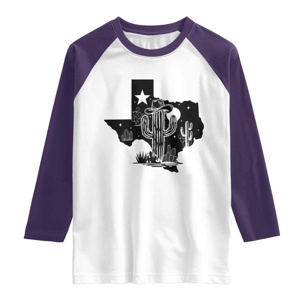 Western Pride Gift Raglan Shirt Cactus Texas Map With Cowboy Hat - Wonder Print Shop