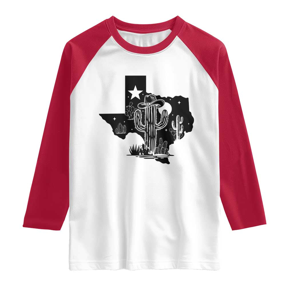 Western Pride Gift Raglan Shirt Cactus Texas Map With Cowboy Hat - Wonder Print Shop