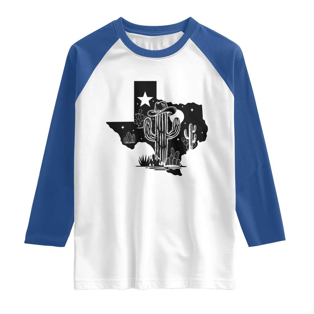 Western Pride Gift Raglan Shirt Cactus Texas Map With Cowboy Hat - Wonder Print Shop