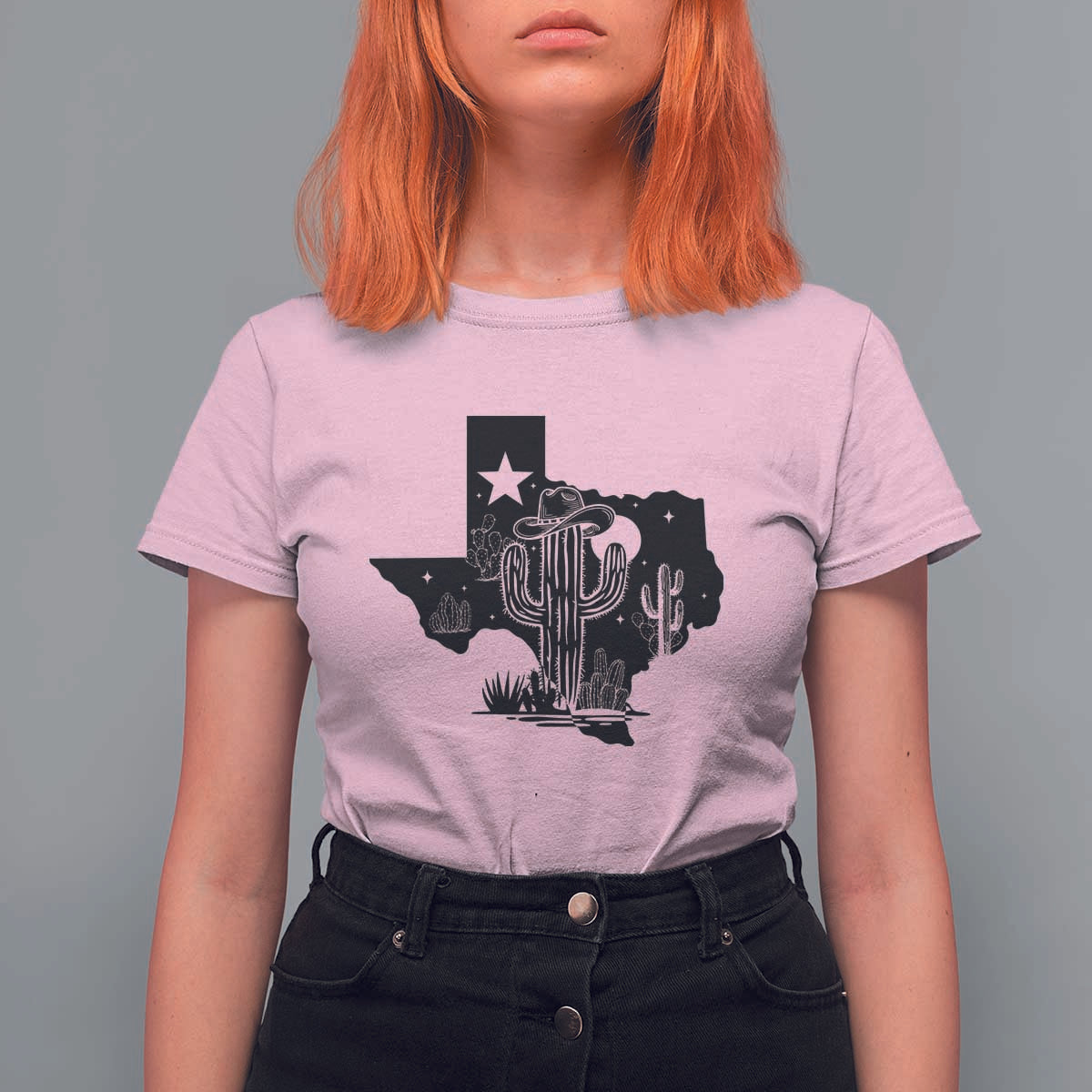 Western Pride Gift T Shirt For Women Cactus Texas Map With Cowboy Hat - Wonder Print Shop