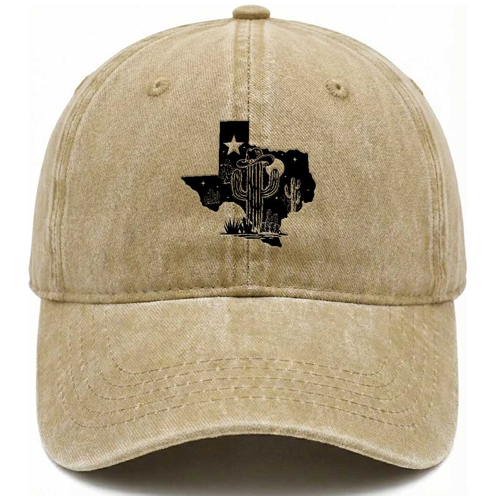 Western Pride Gift Washed Cotton Baseball Cap Cactus Texas Map With Cowboy Hat