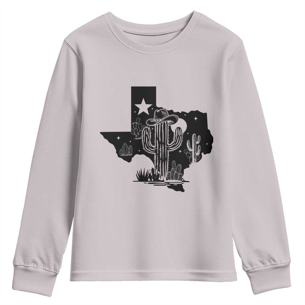 Western Pride Gift Youth Sweatshirt Cactus Texas Map With Cowboy Hat - Wonder Print Shop