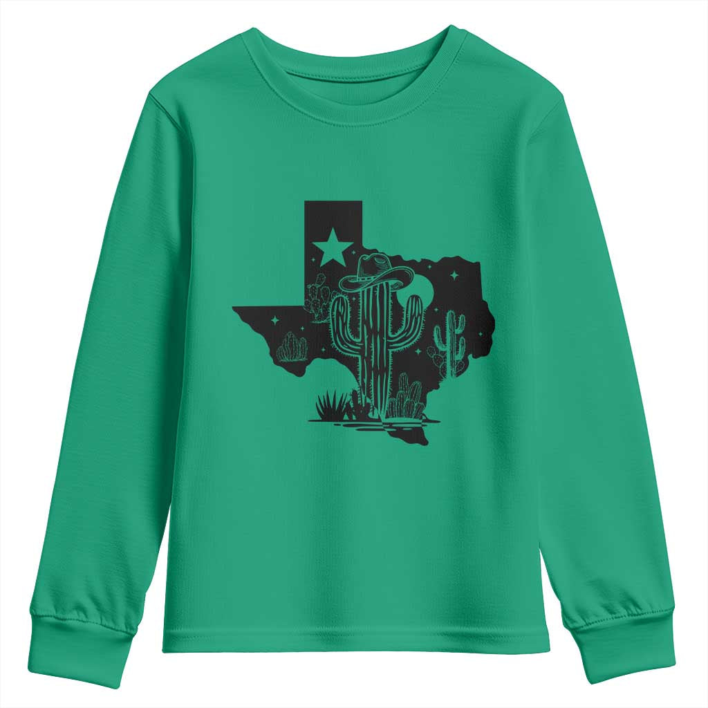 Western Pride Gift Youth Sweatshirt Cactus Texas Map With Cowboy Hat - Wonder Print Shop