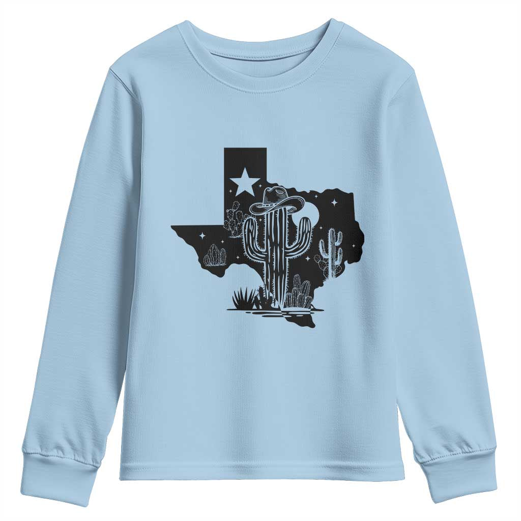 Western Pride Gift Youth Sweatshirt Cactus Texas Map With Cowboy Hat - Wonder Print Shop