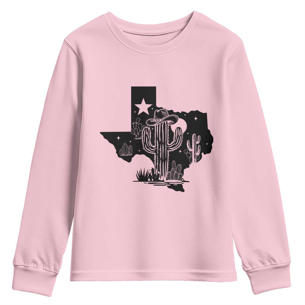 Western Pride Gift Youth Sweatshirt Cactus Texas Map With Cowboy Hat - Wonder Print Shop