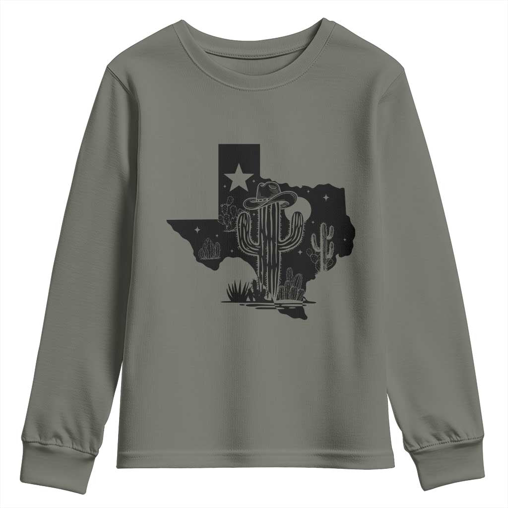 Western Pride Gift Youth Sweatshirt Cactus Texas Map With Cowboy Hat - Wonder Print Shop