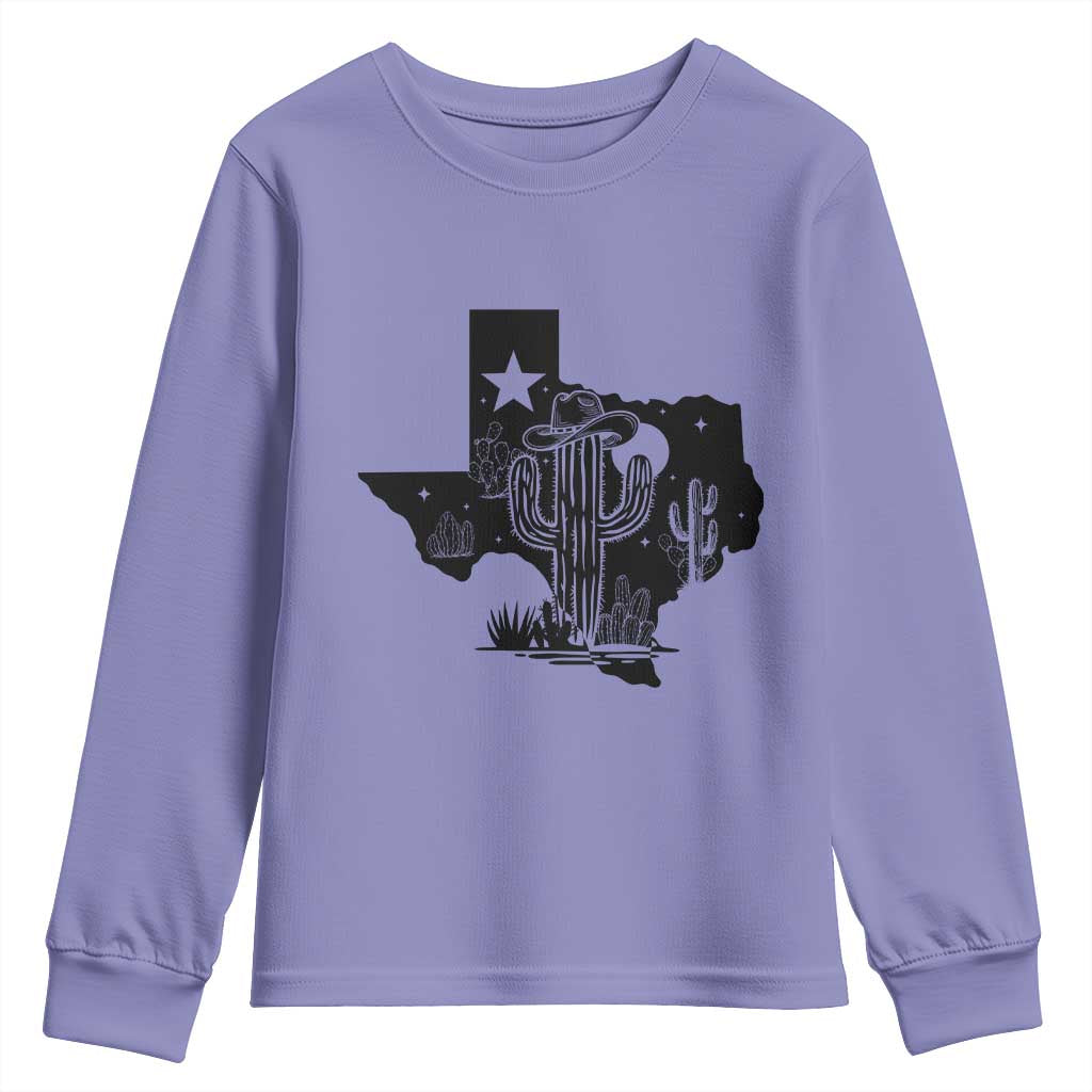 Western Pride Gift Youth Sweatshirt Cactus Texas Map With Cowboy Hat - Wonder Print Shop
