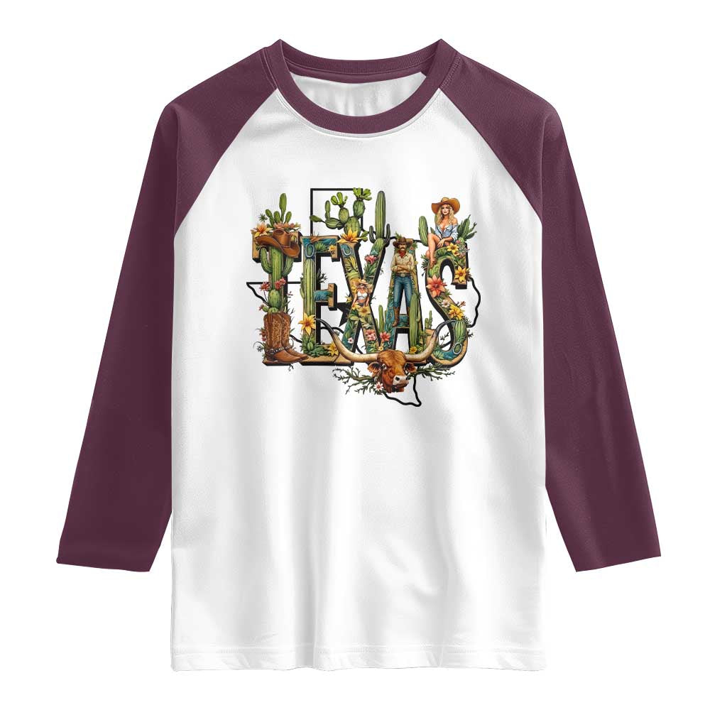 Texas Cowboy And Cowgirl Raglan Shirt Vintage Cactus Gift Idea - Wonder Print Shop