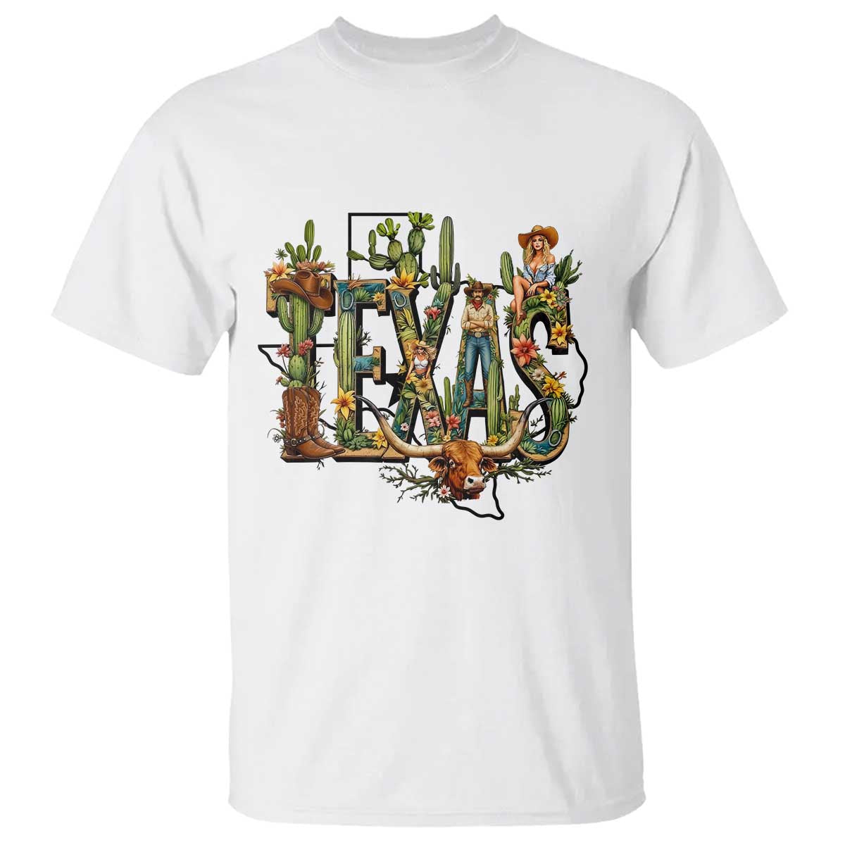 Texas Cowboy And Cowgirl T Shirt Vintage Cactus Gift Idea - Wonder Print Shop