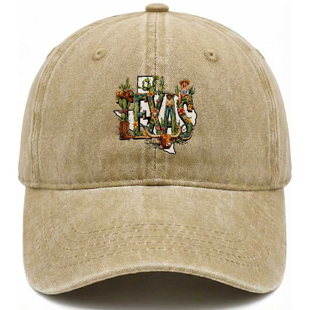 Texas Cowboy And Cowgirl Washed Cotton Baseball Cap Vintage Cactus Gift Idea