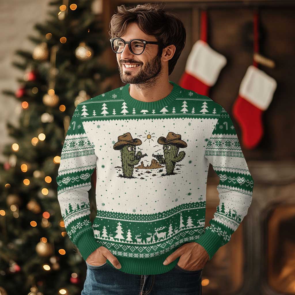 Funny Lone Star Cactus Cowboy Gunfight Gift Ugly Christmas Sweater - Wonder Print Shop