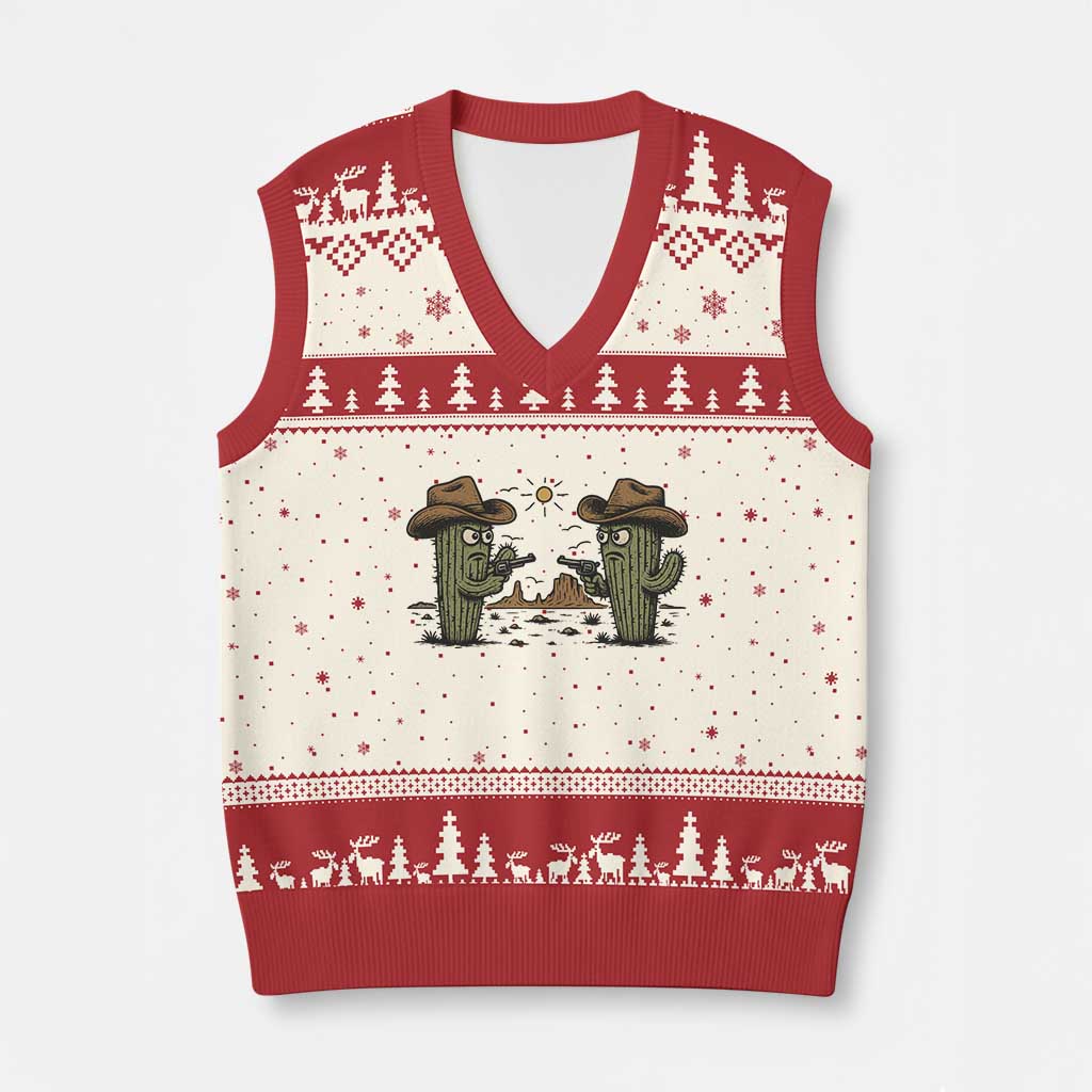 Funny Lone Star Cactus Cowboy Gunfight Gift V-Neck Knit Sweater Vest - Wonder Print Shop